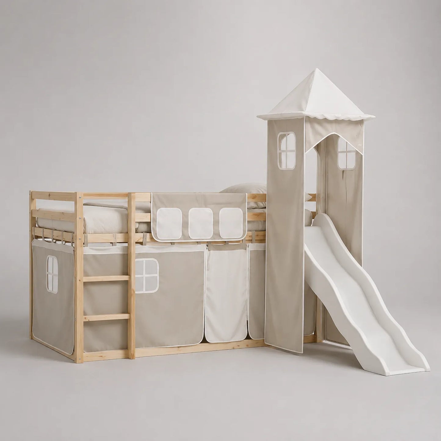 Kinder Hochbett mit Rutsche und Turm aus Kiefernholz Beige/Weiß