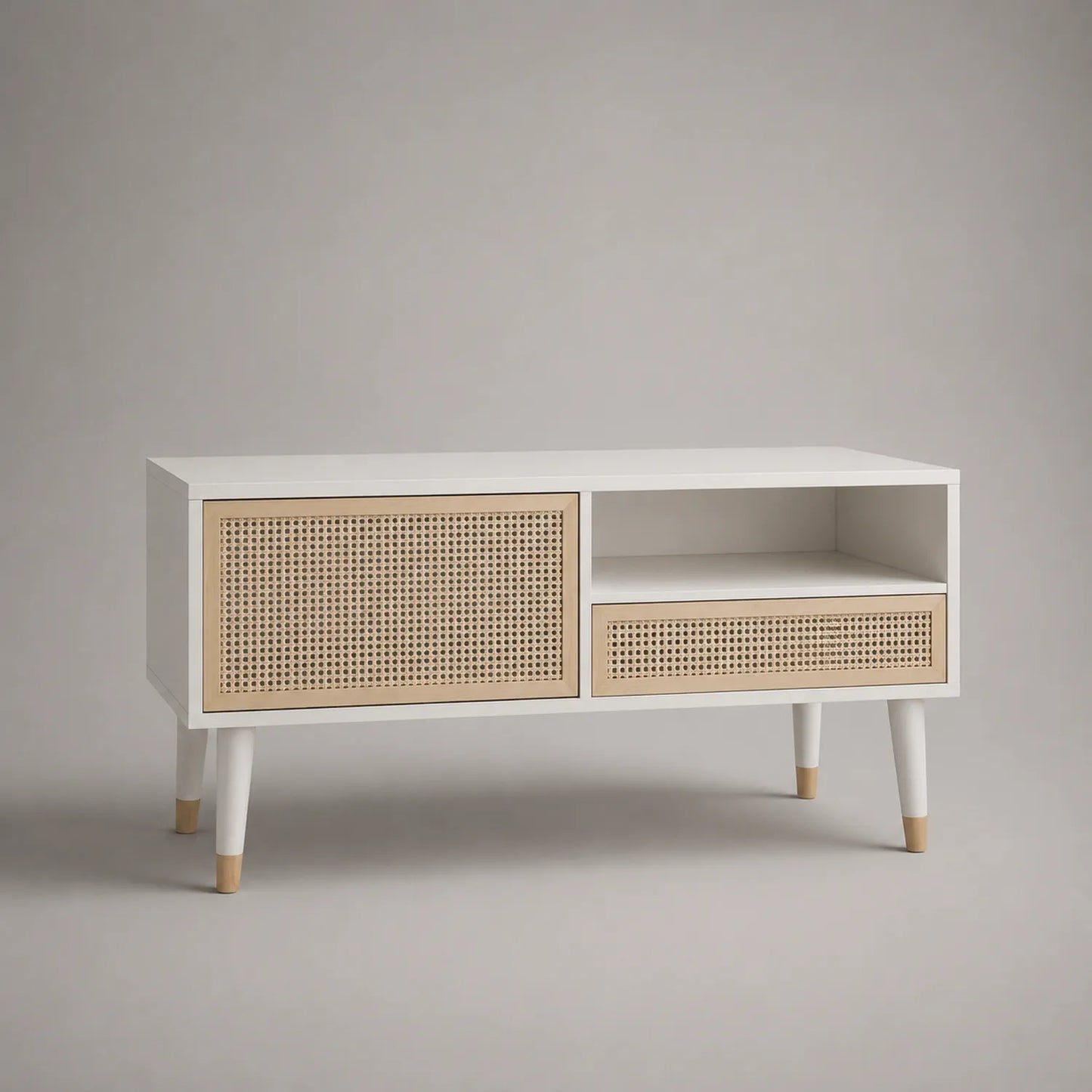 TV-Schrank mit Schiebetür und Schublade Rattan MDF Massivholz Weiß 120 cm