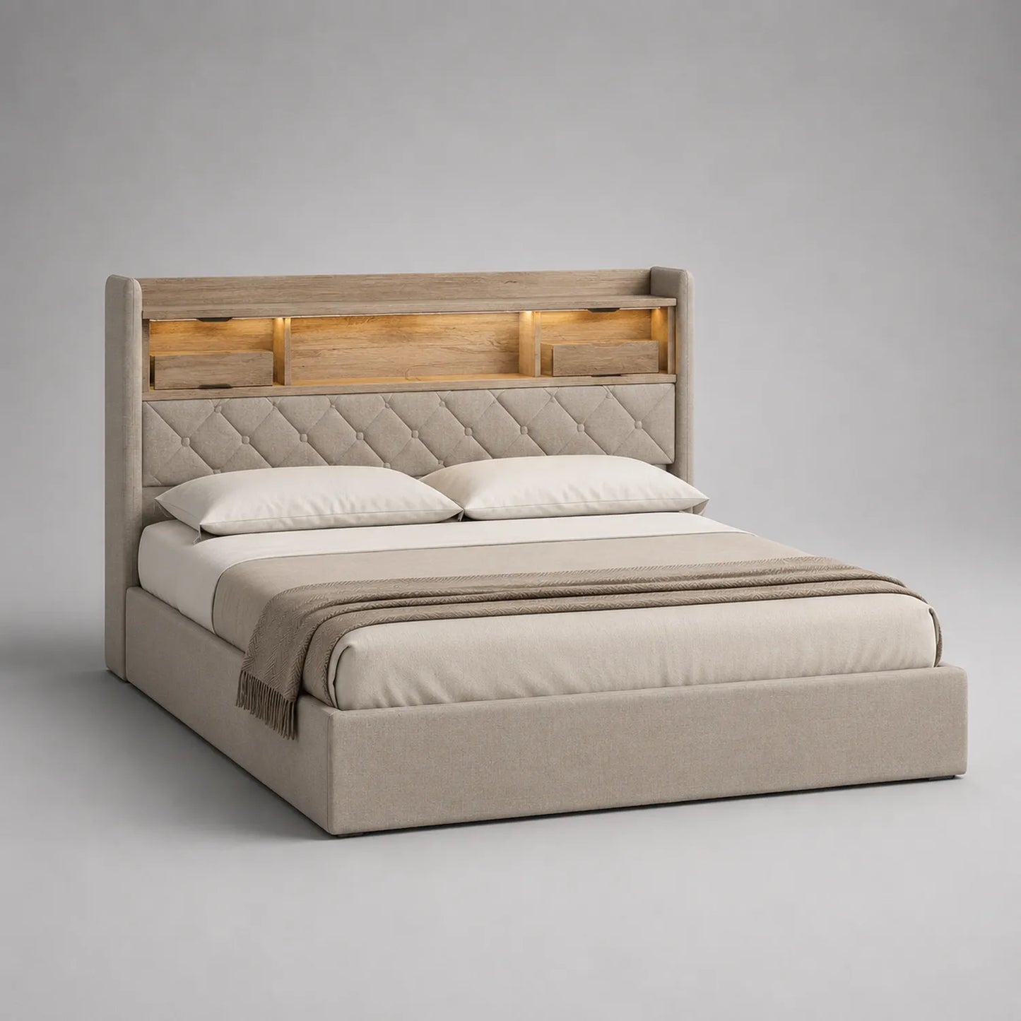 Holz-Stauraumbett mit Stoffbezug und LED 200x160 cm Beige