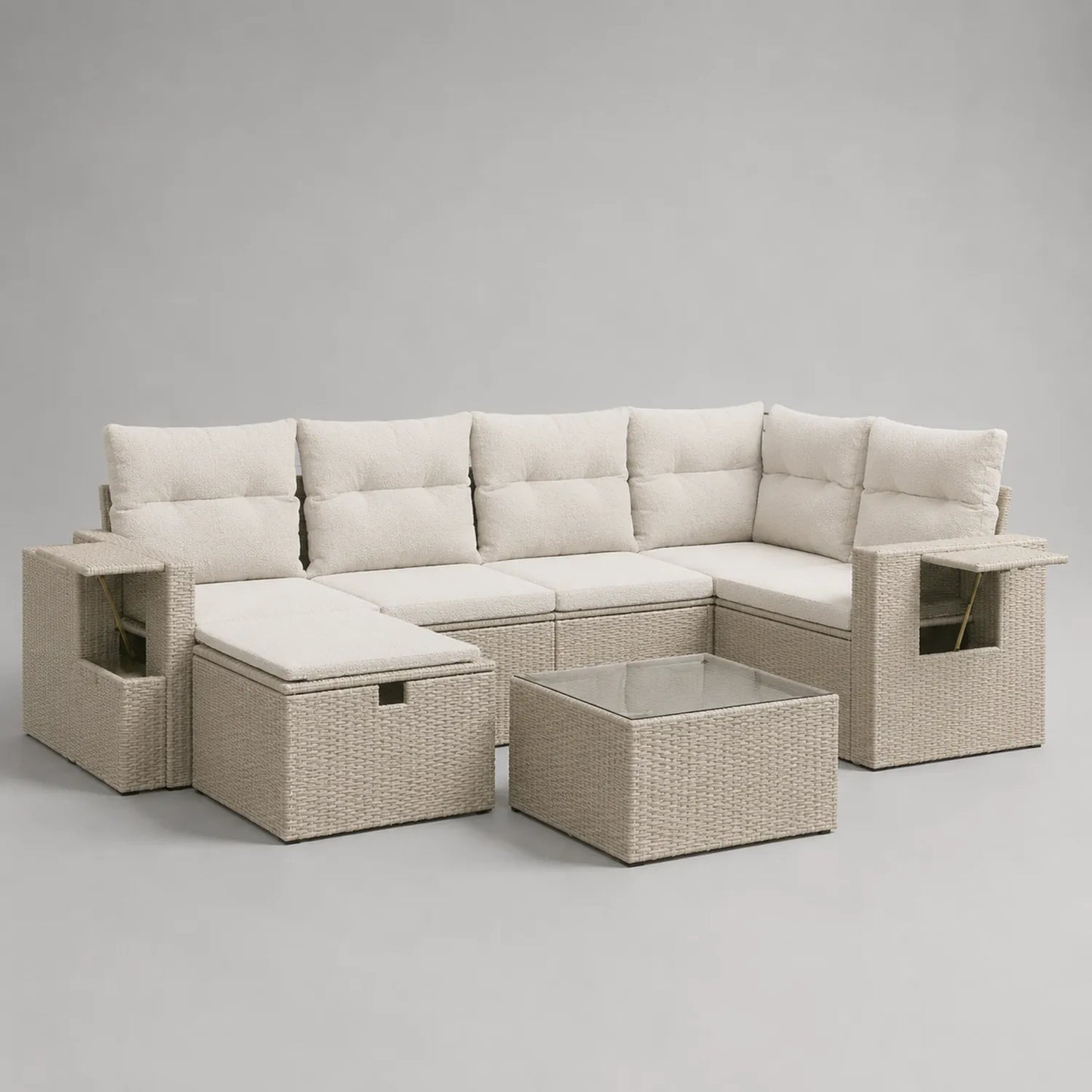 Outdoor Ecksofagarnitur aus Rattan mit Kissen und Tisch in Beige