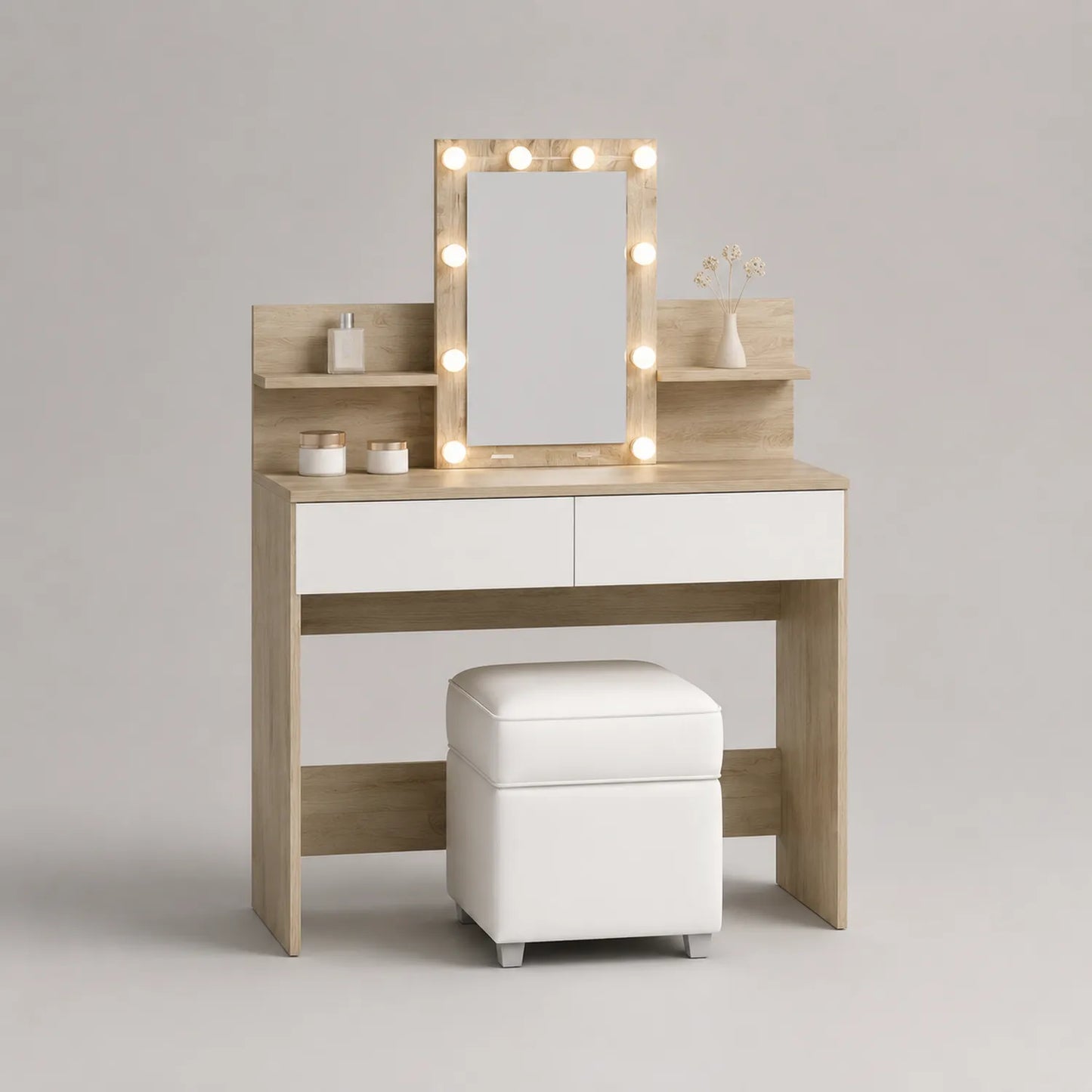 Schminktisch mit LED-Spiegelbeleuchtung und Hocker aus Holz und Kunstleder Weiß/Buchenholz