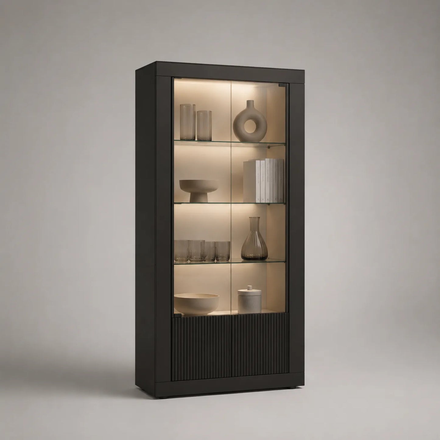 Vitrinenschrank mit gehärtetem Glas und MDF-Rahmen, Schwarz, 180cm