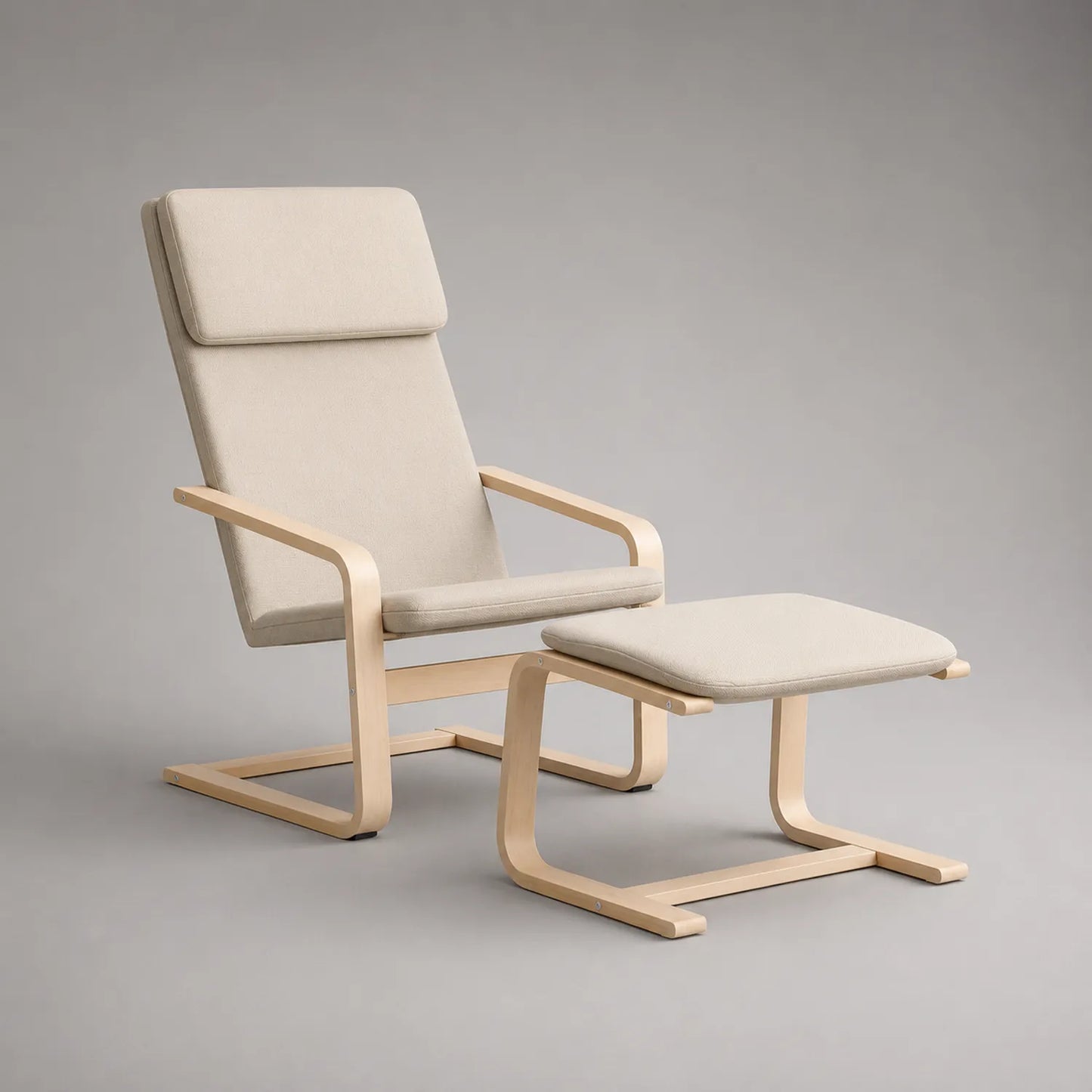 Stuhl und Fußhocker Set mit Leinenbezug und Birkensperrholzrahmen Beige