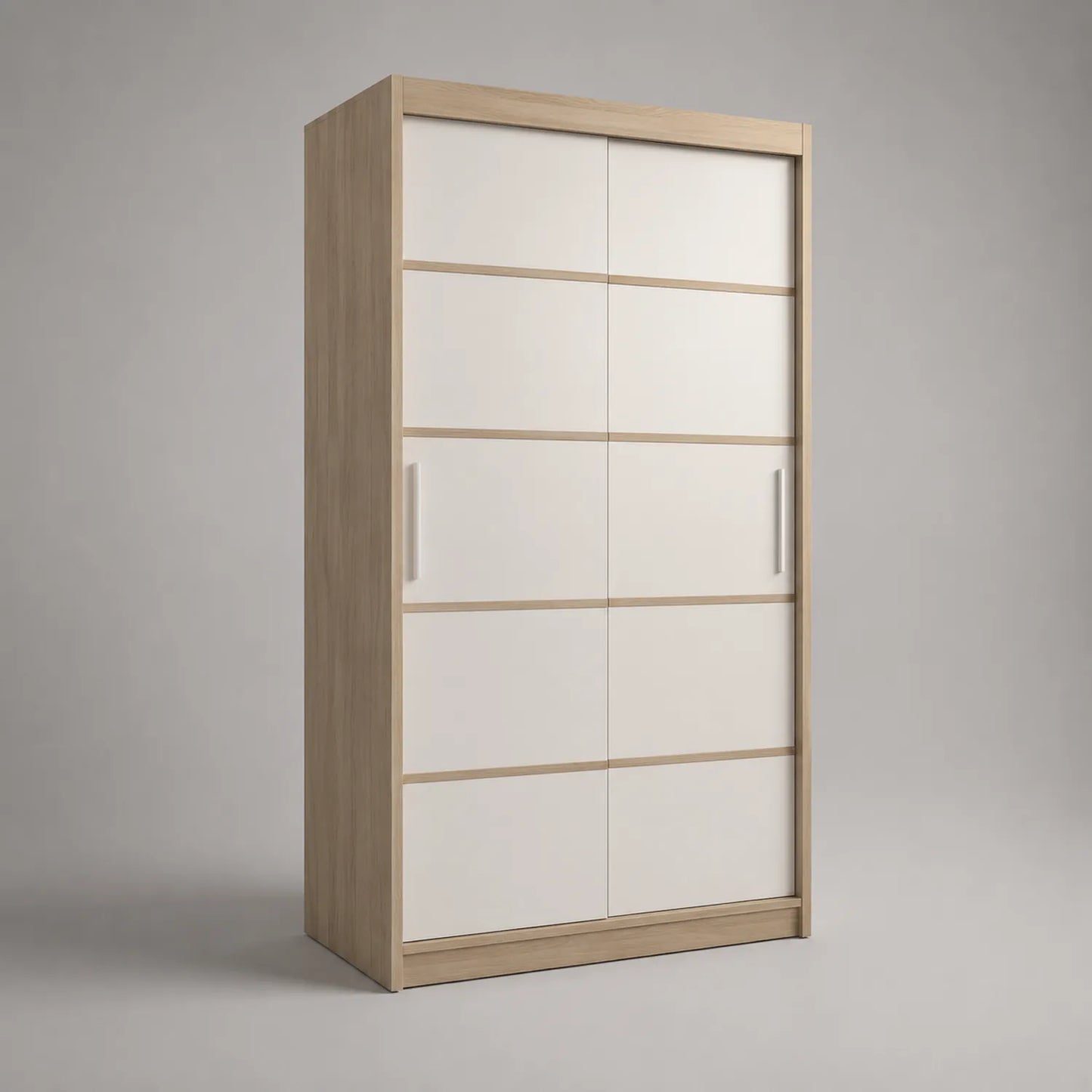 Schiebetürenschrank aus Holzwerkstoff mit Eichenholz-Oberfläche, Weiß, 200 cm x 120 cm x 60 cm