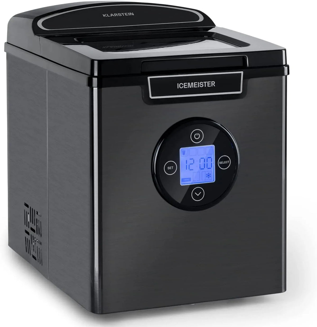 Klarstein kg/24 Eiswürfelmaschine, 1,8 L, großer Wassertank, LCD-Display, Edelstahl, Produktion in 6-10 Minuten, 12 h, 3 Eiswürfelgrößen