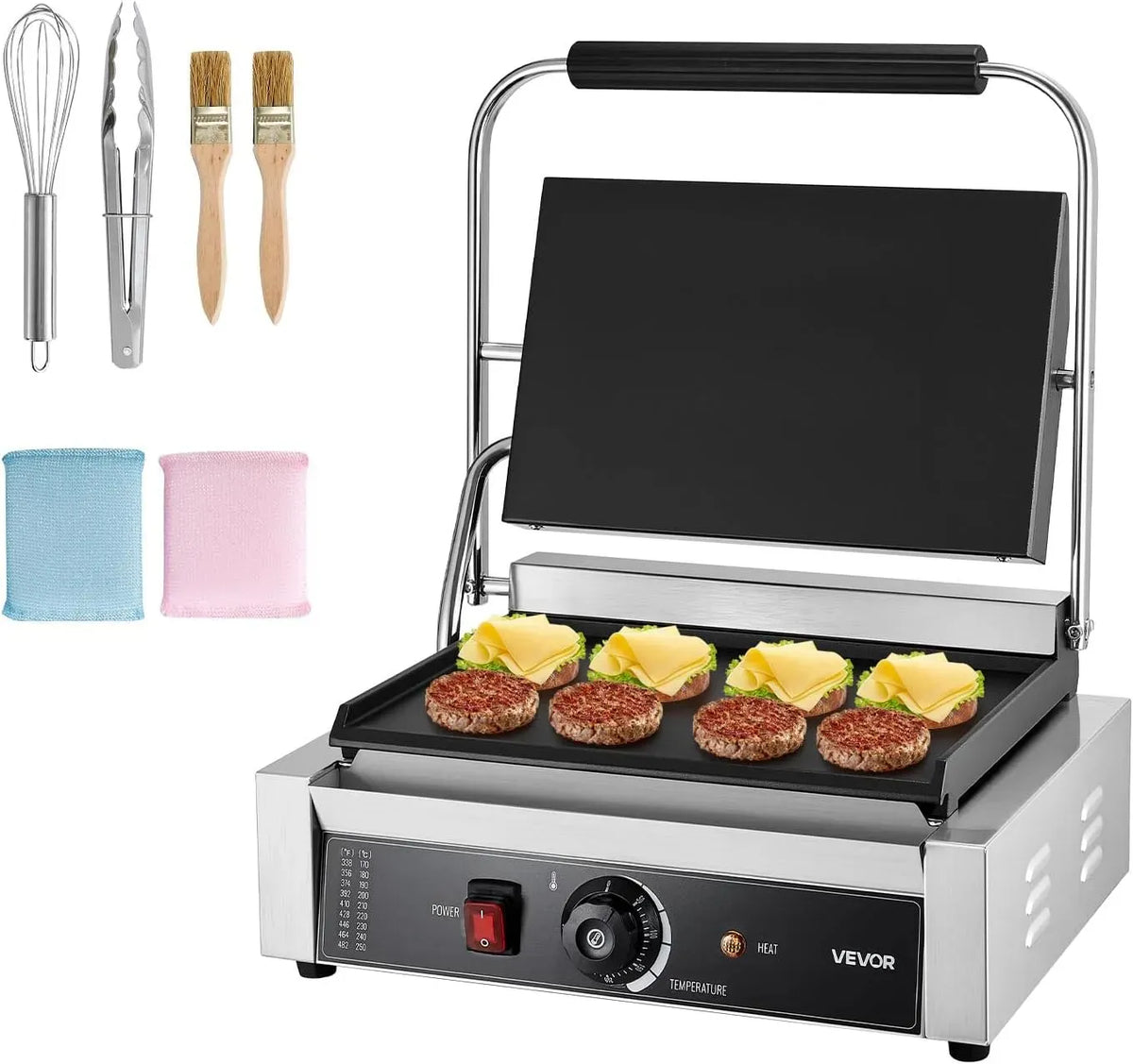 VEVOR Sandwichmaker, Panini-Grill, Kontaktgrill, Paninipresse, Pressgrill, Kontaktgrill und Paninigrill, 34 x 23 cm, 2200 W, gewerblich, Edelstahl