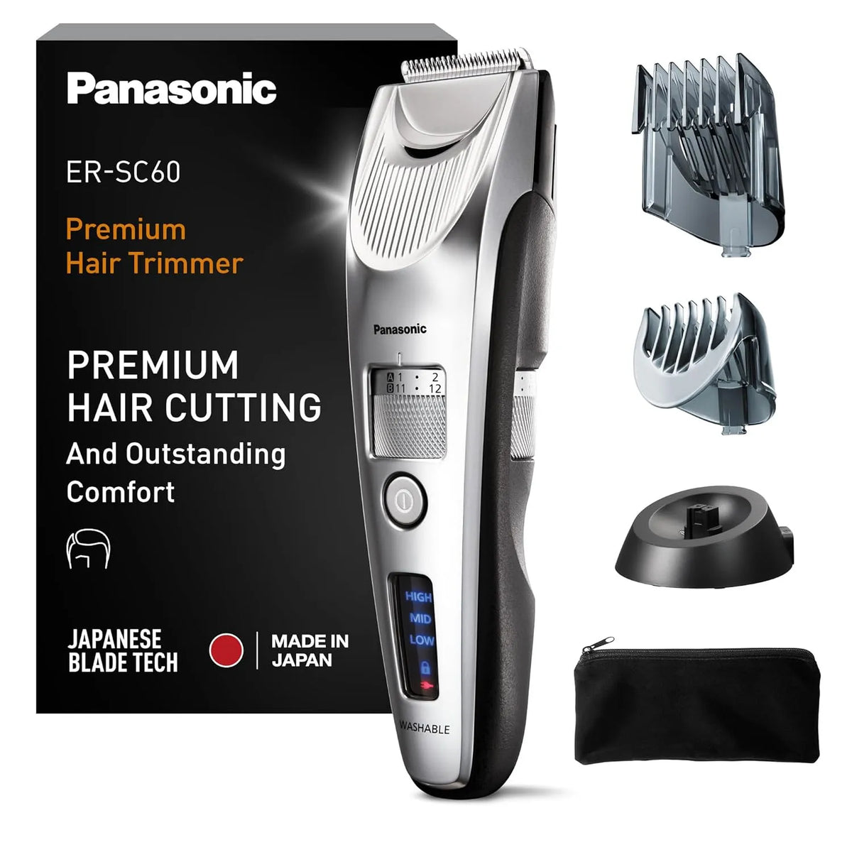 Panasonic ER-SC60-S803 Haarschneider, Ladestation, 39 L, tragbar, IP65, kabellos, Silber, für Männer