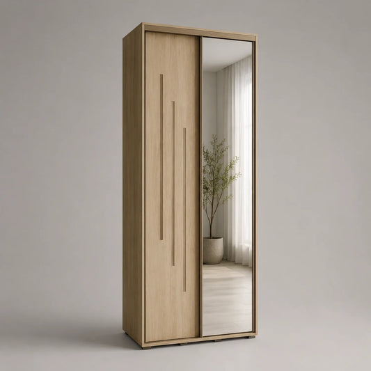 Kleiderschrank mit Schiebetüren Spiegel Eiche Holz 200cm