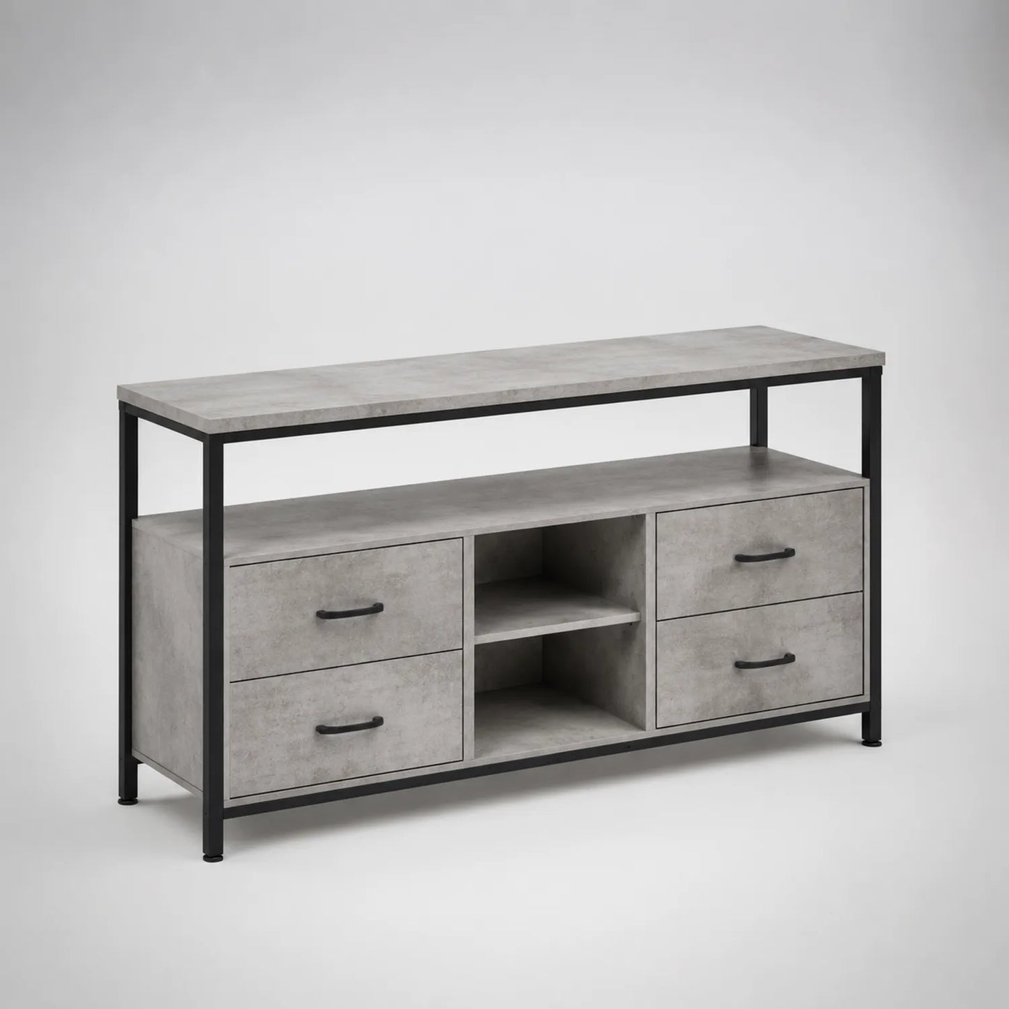 Fernsehschrank mit Betonoptik und Metallrahmen, 4 Schubladen