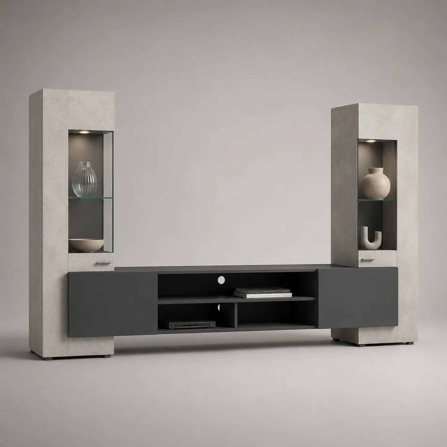 TV-Möbelset mit MDF und gehärtetem Glas in Grau und Schwarz