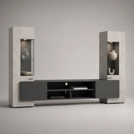 TV-Möbelset mit MDF und gehärtetem Glas in Grau und Schwarz