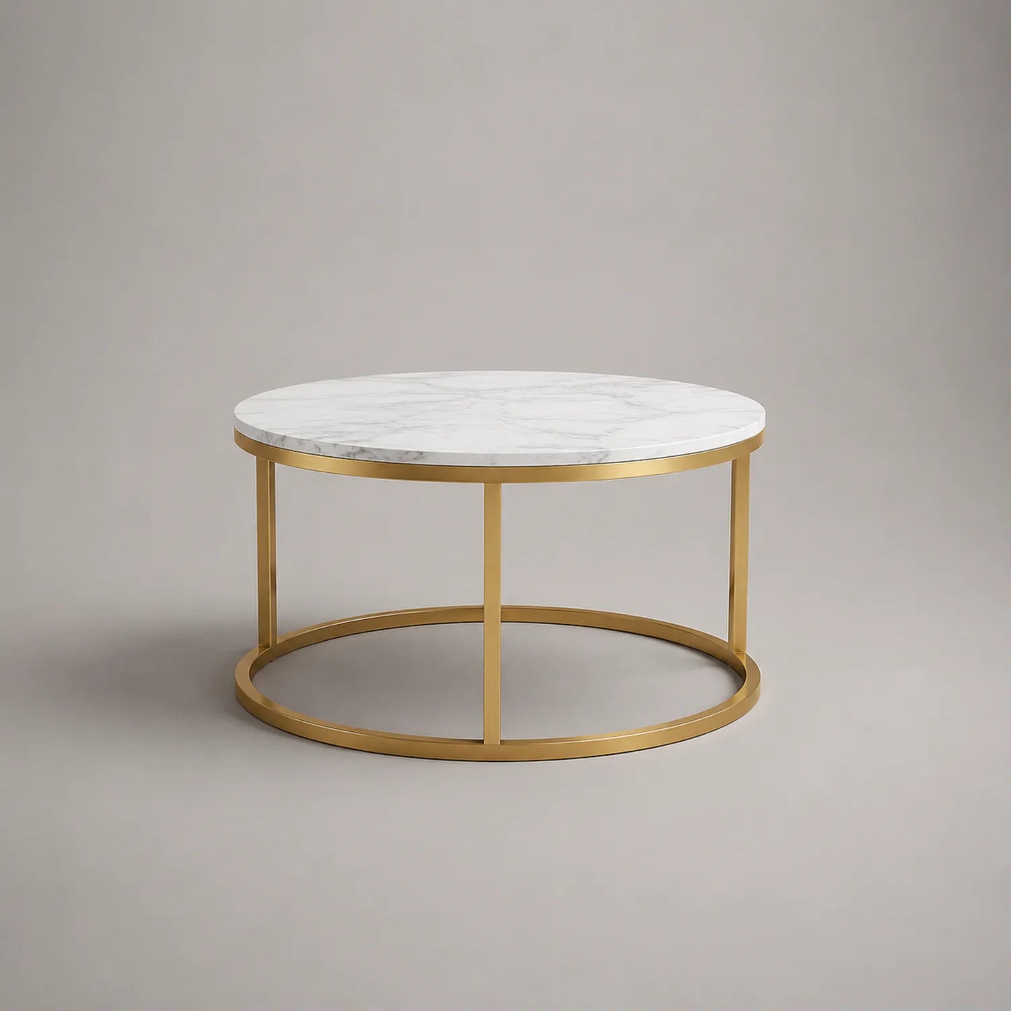 Runder Couchtisch aus Carrara-Marmor und Edelstahl in Weiß und Gold 90 cm