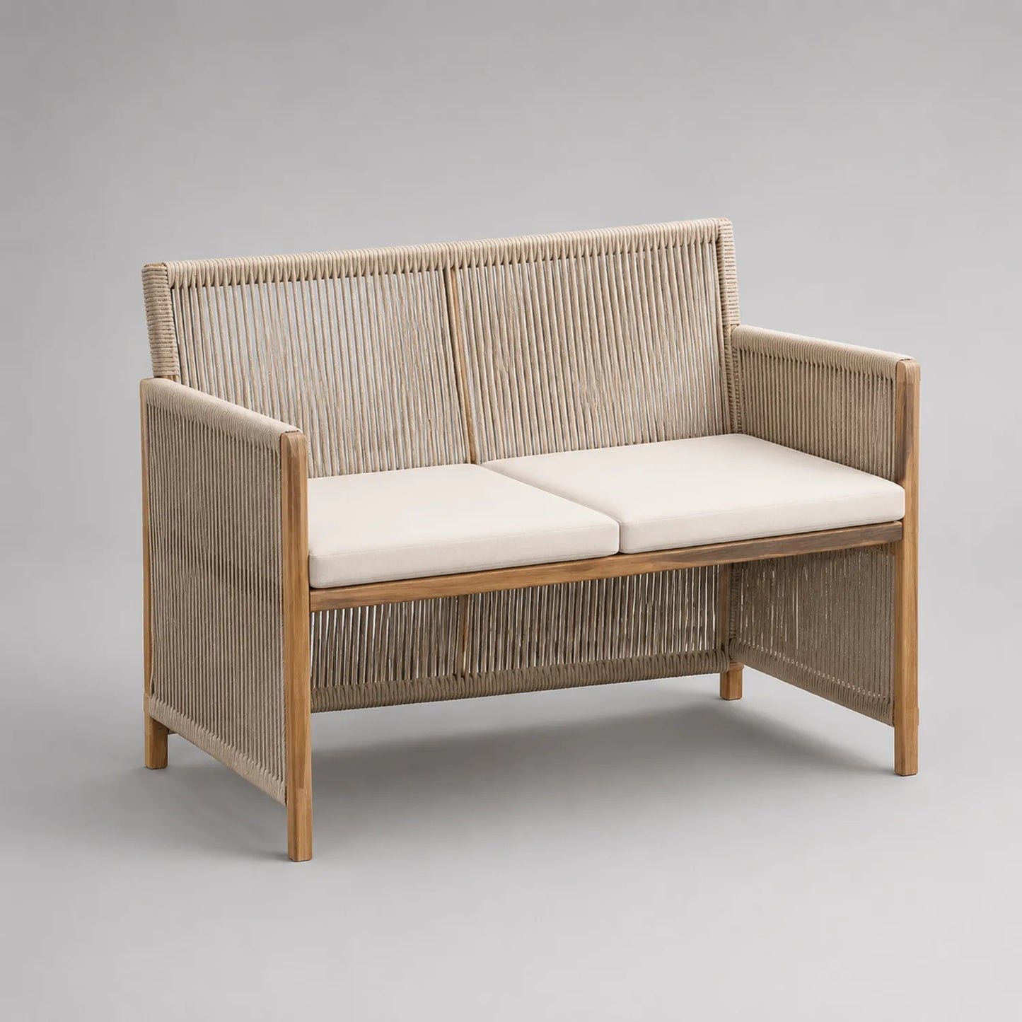 Outdoor-Sofa 2-Sitzer Teakholz mit Polyrattan-Seil und Polyesterkissen Beige