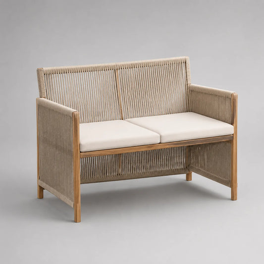 Outdoor-Sofa 2-Sitzer Teakholz mit Polyrattan-Seil und Polyesterkissen Beige