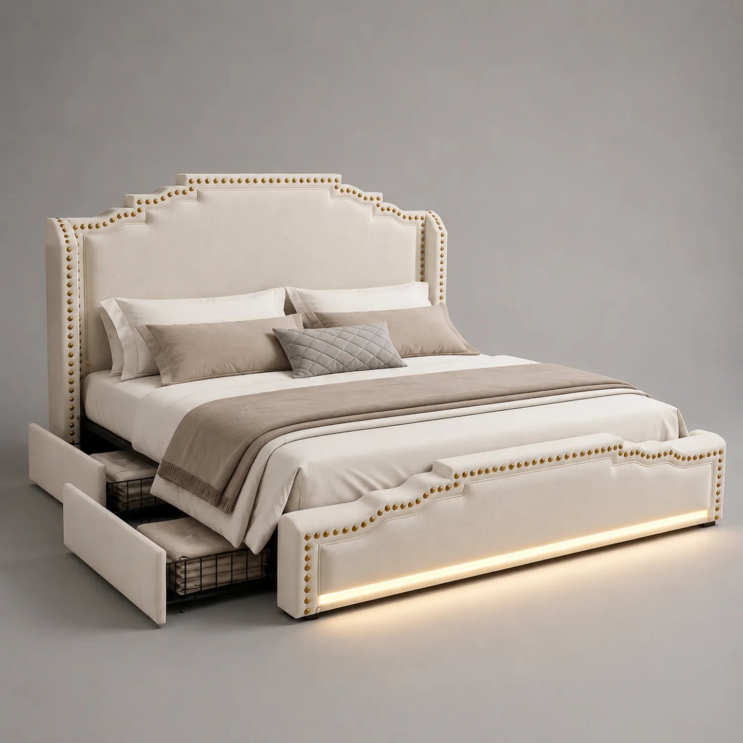 Holzbett mit Stauraum und LED Beleuchtung Cremefarben 200x180cm