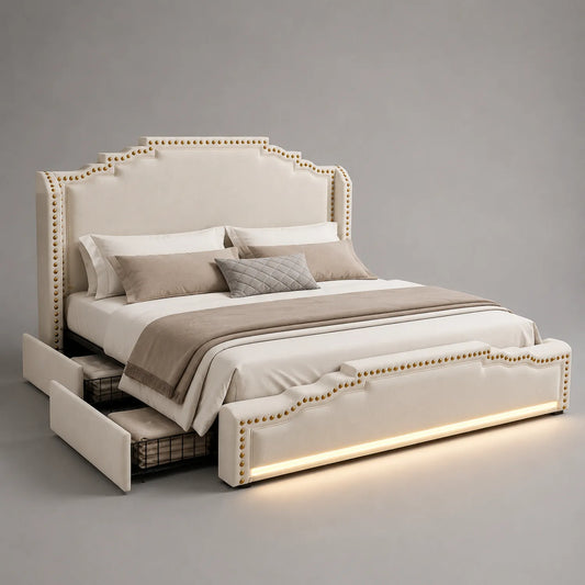 Holzbett mit Stauraum und LED Beleuchtung Cremefarben 200x180cm