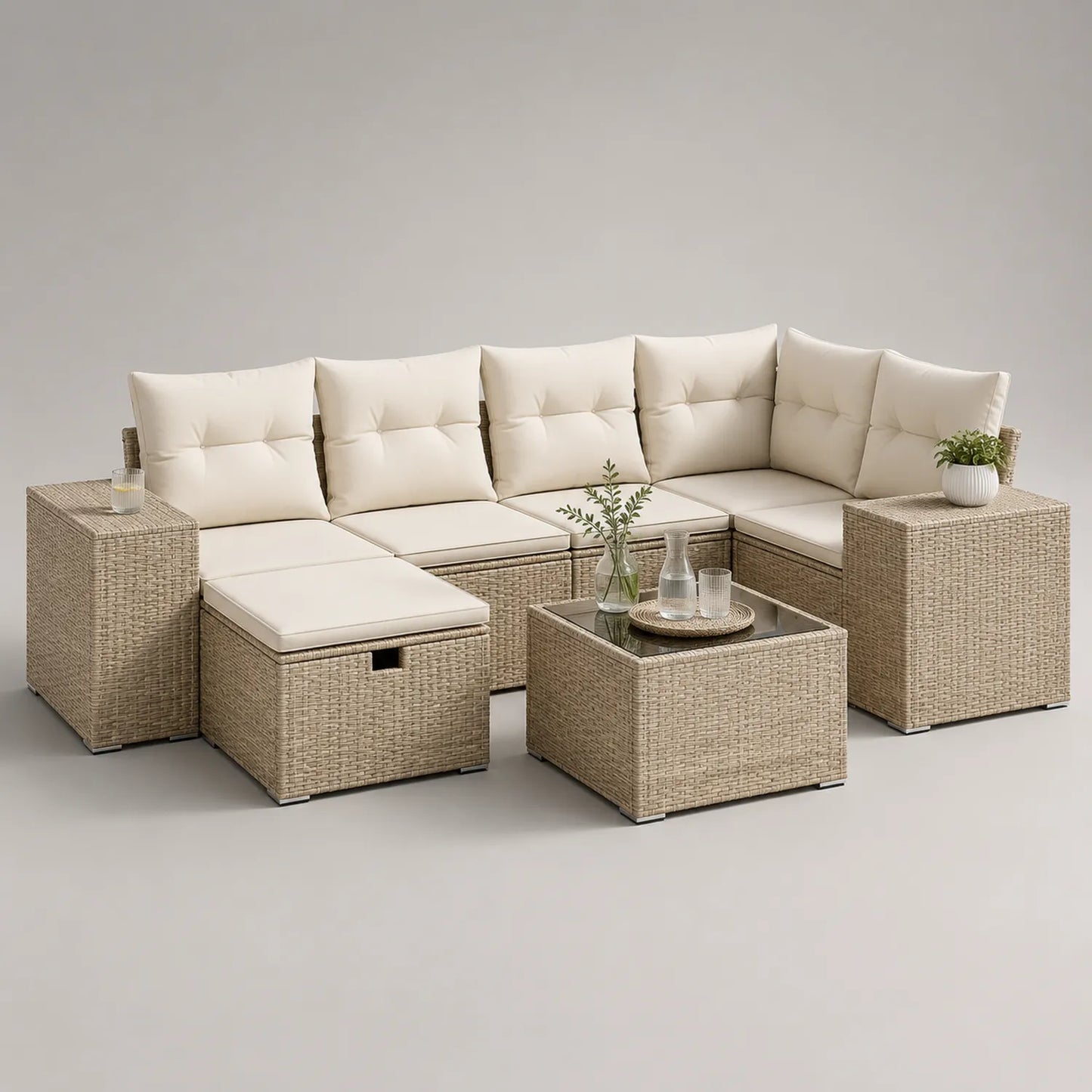 Outdoor Ecklounge Set Polyethylen Rattan Glas Hellbeige