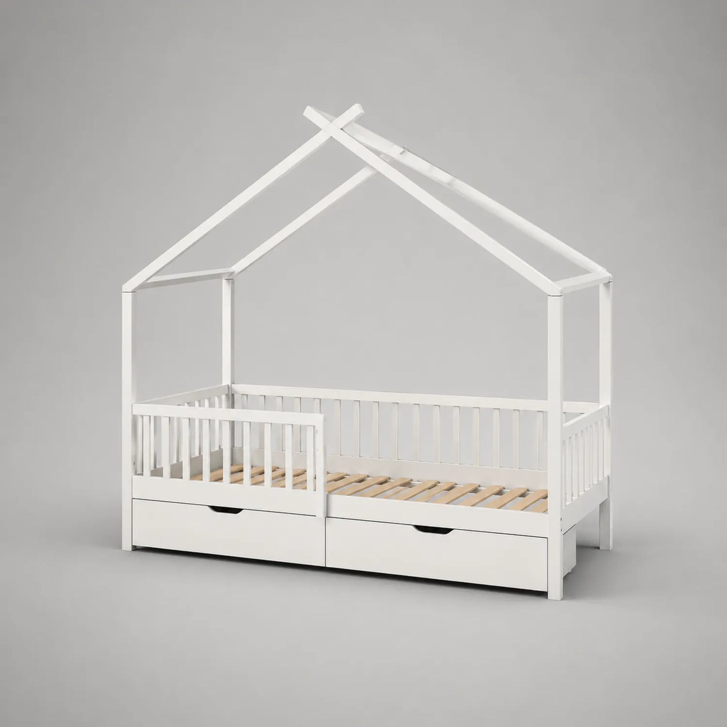 Holz Kinderhausbett mit Schubladen, Weiß