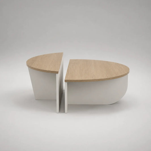 Halbrundes Couchtisch-Set aus MDF und Eichenfurnier Weiß