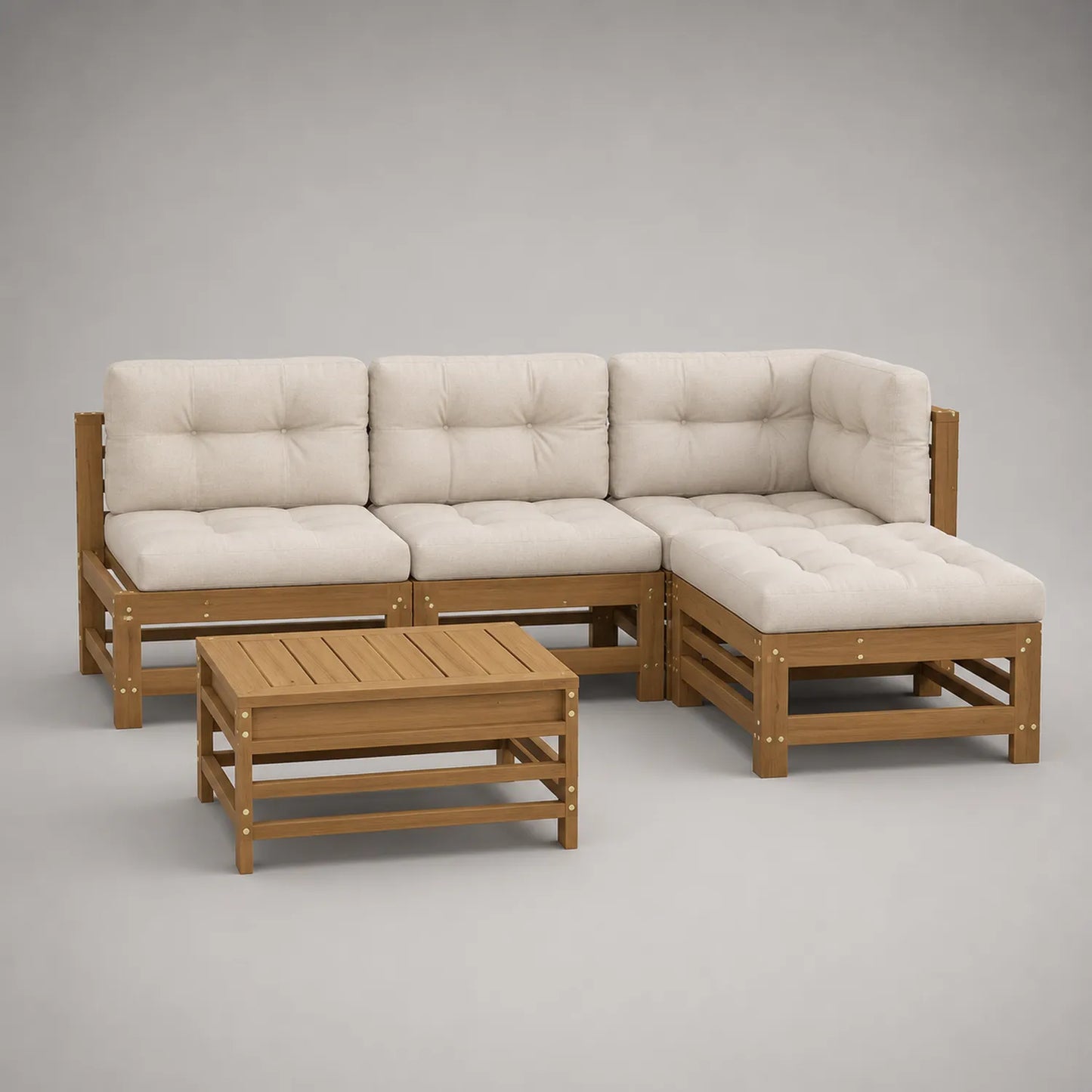 Holzgartenmöbel Set mit cremefarbenen Polstern, Ecksofa und Tisch