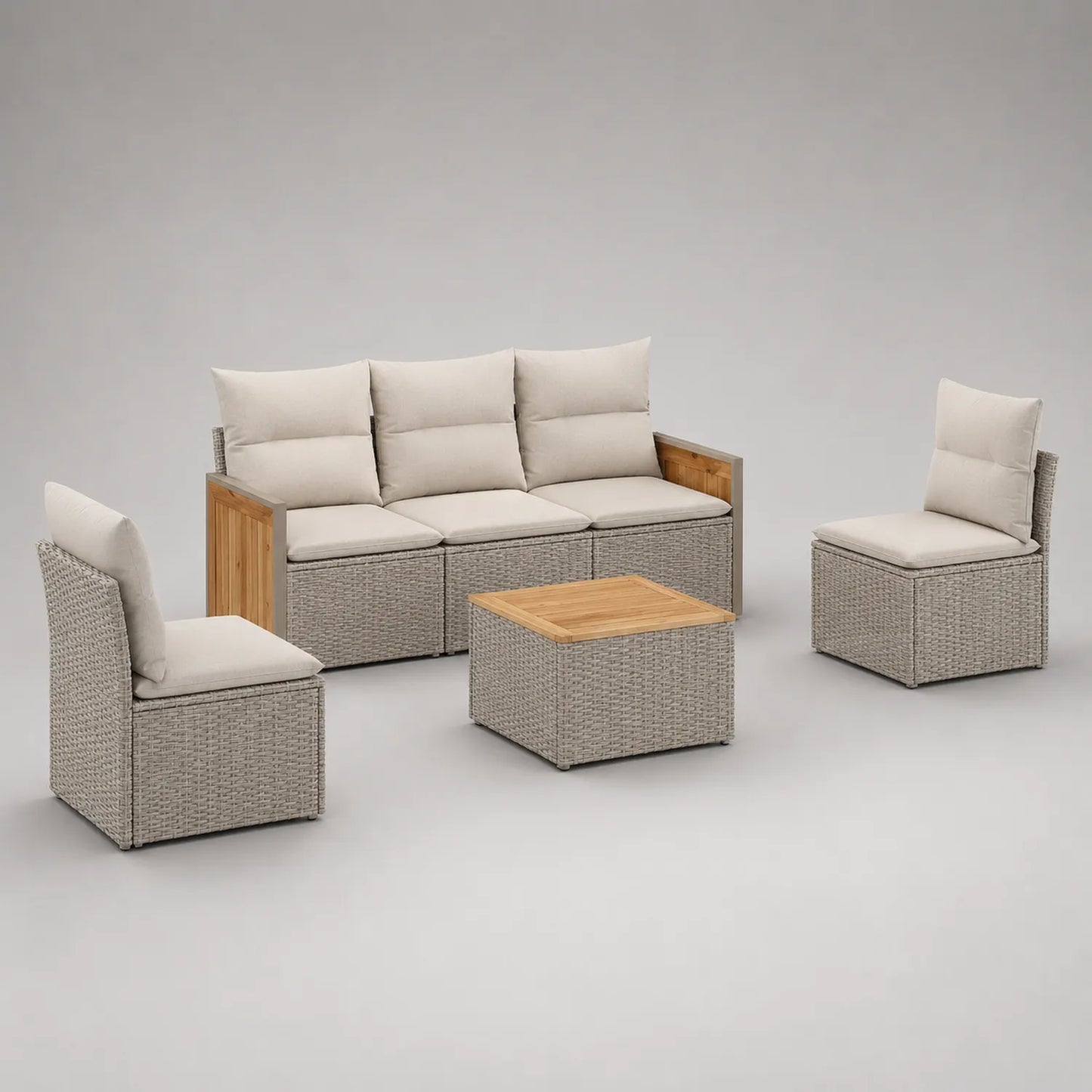 Rattan Gartenmöbel Set mit Aluminiumrahmen und Holztisch, Beige