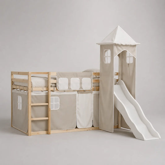 Kinder Hochbett mit Rutsche und Turm aus Kiefernholz Beige/Weiß