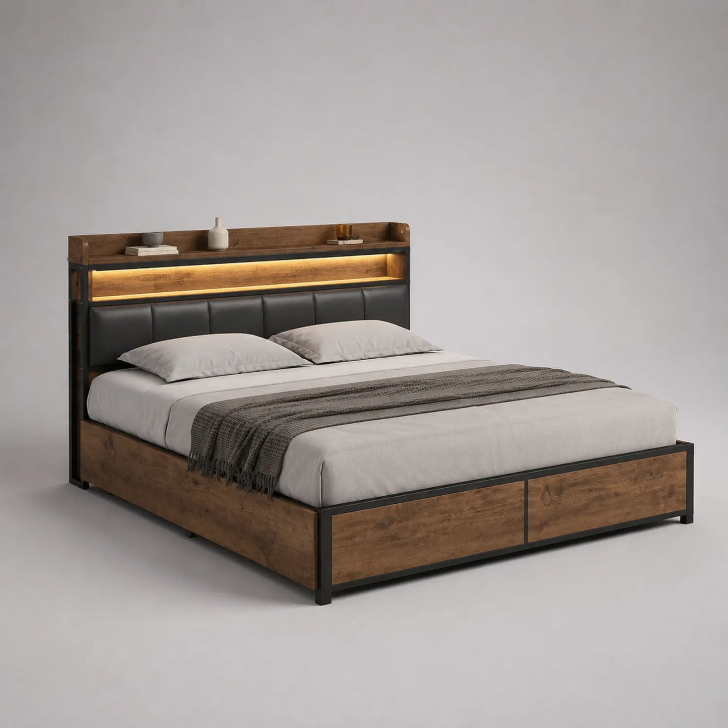 Holz/Metall Doppelbett mit LED-Kopfteilregal 200x160 cm Dunkelbraun/Schwarz