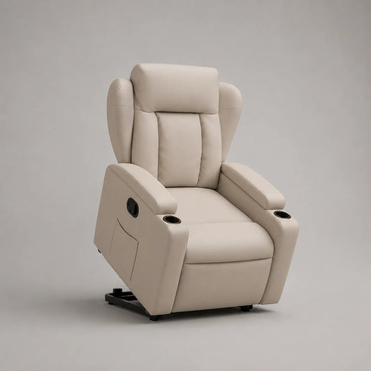 Recliner Sessel Kunstleder Beige mit Liegefunktion und Becherhalter