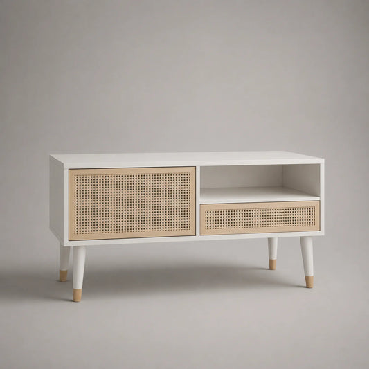 TV-Schrank mit Schiebetür und Schublade Rattan MDF Massivholz Weiß 120 cm