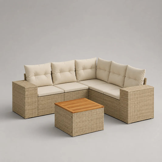 Polyrattan Outdoor-Sofa-Set mit Kissen und Holztisch Beige