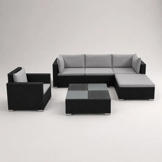 Polyrattan Gartenmöbel Set Schwarz mit Grauen Kissen