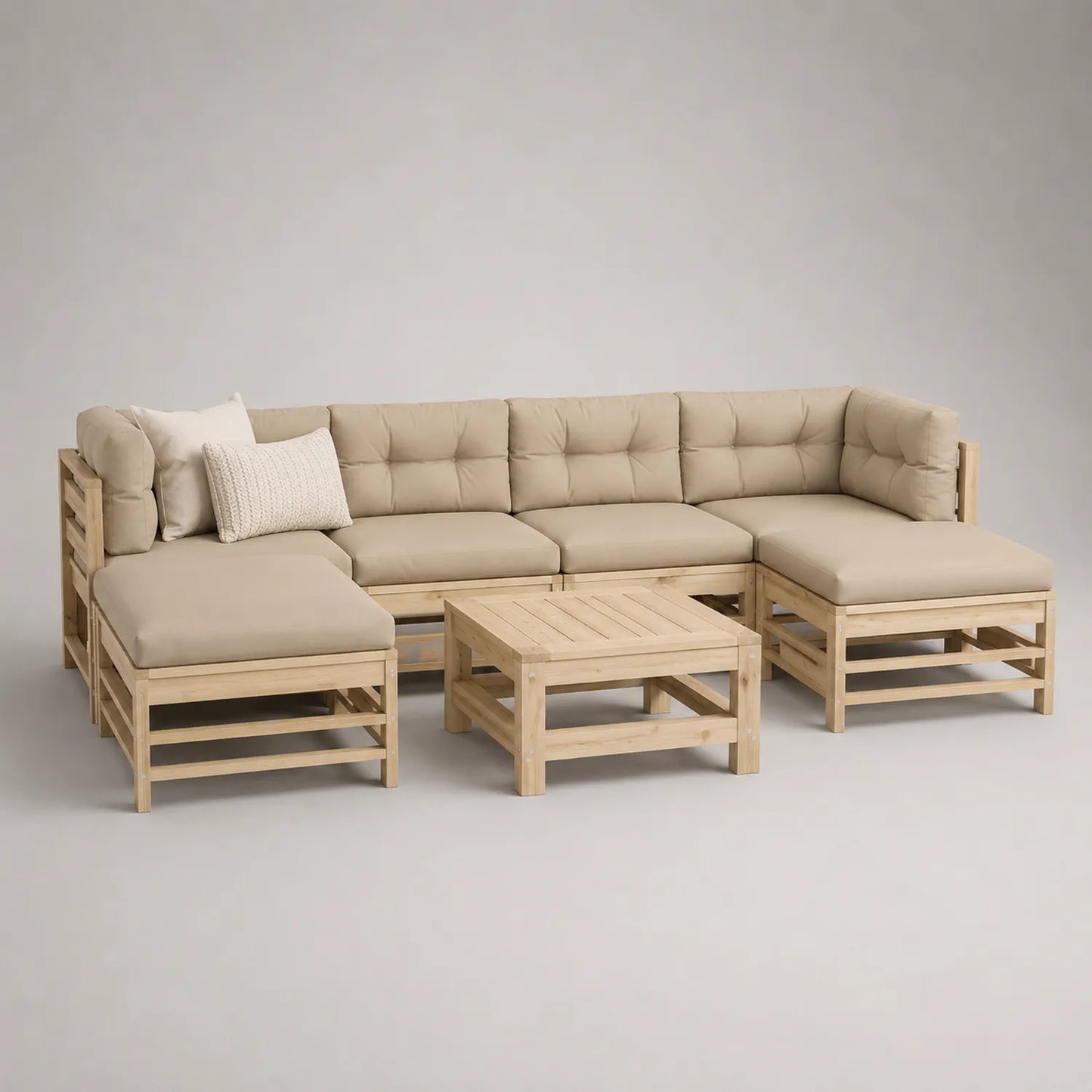 Gartensofa-Set mit Tisch aus Holz und Polsterung in Natur/Beige