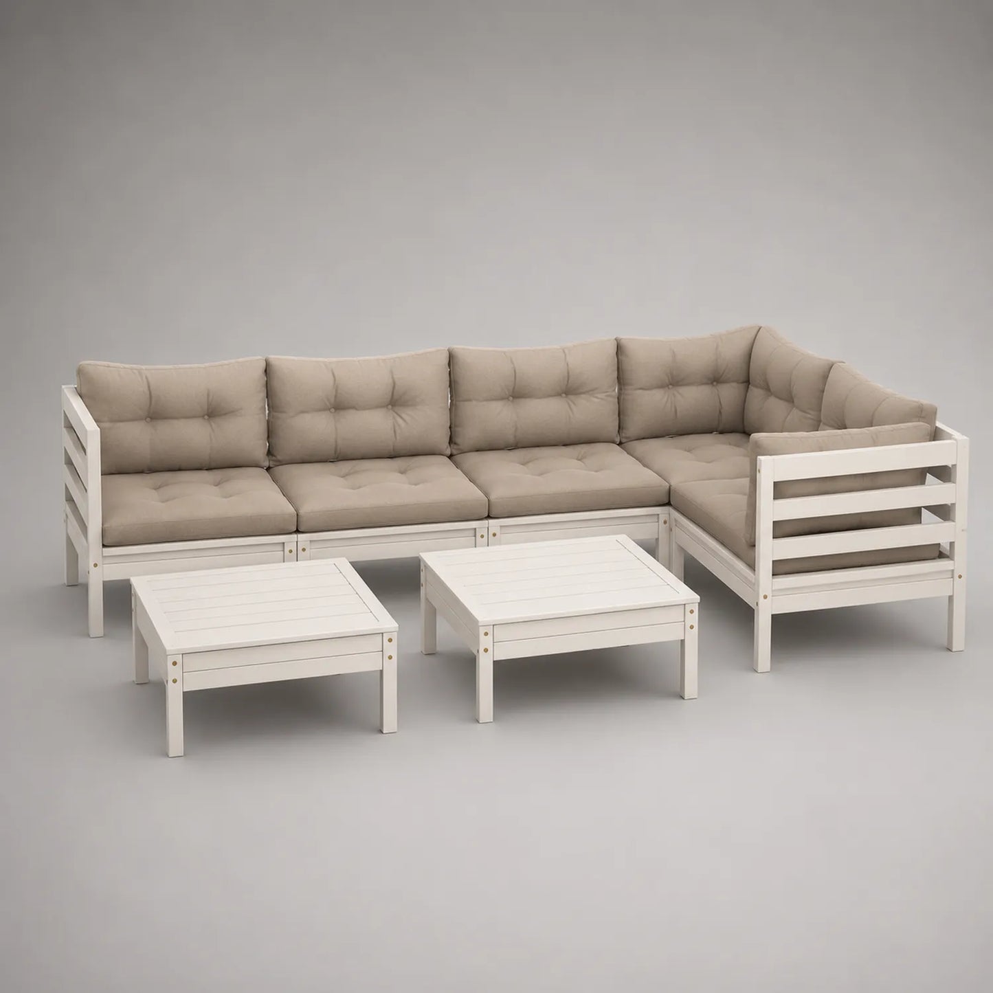 L-förmiges Gartensofa-Set mit 2 Tischen aus Holz Cremeweiß