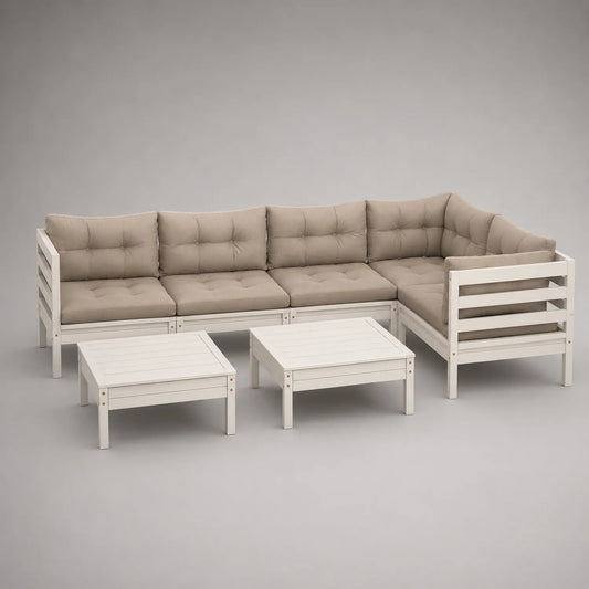 L-förmiges Gartensofa-Set mit 2 Tischen aus Holz Cremeweiß