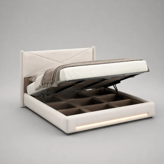 Polsterbett mit Stauraum und Hebemechanismus 200x160 cm Velours Hellbeige