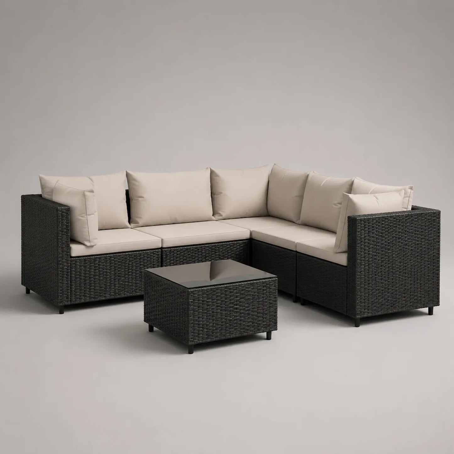 Polyrattan Ecksofa Set mit Kissen und Tisch, Schwarz/Beige, inkl. Glasplatte