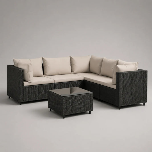 Polyrattan Ecksofa Set mit Kissen und Tisch, Schwarz/Beige, inkl. Glasplatte