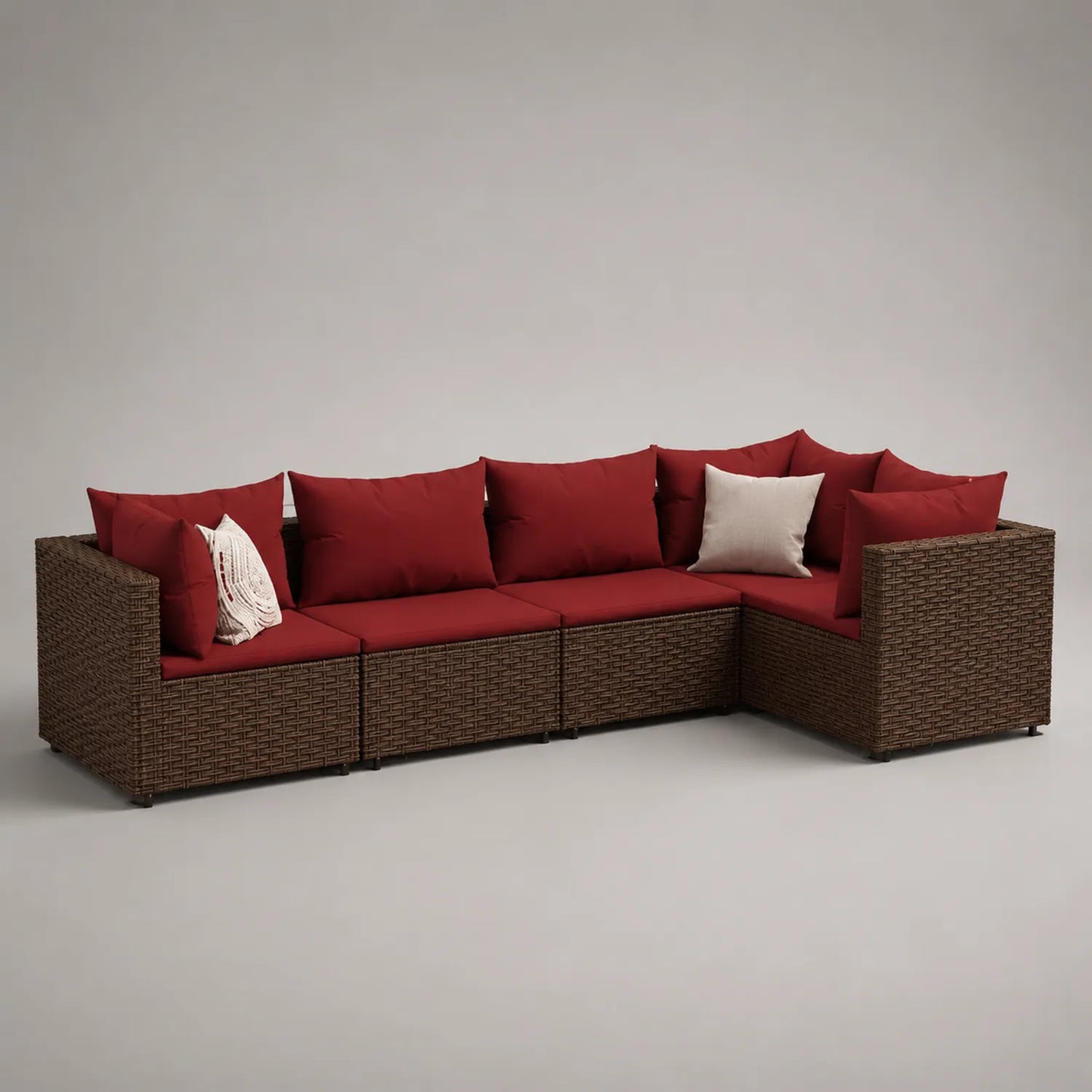 Modulares Gartensofa Set Polyrattan mit Roten und Beigen Kissen 300x200x80 cm