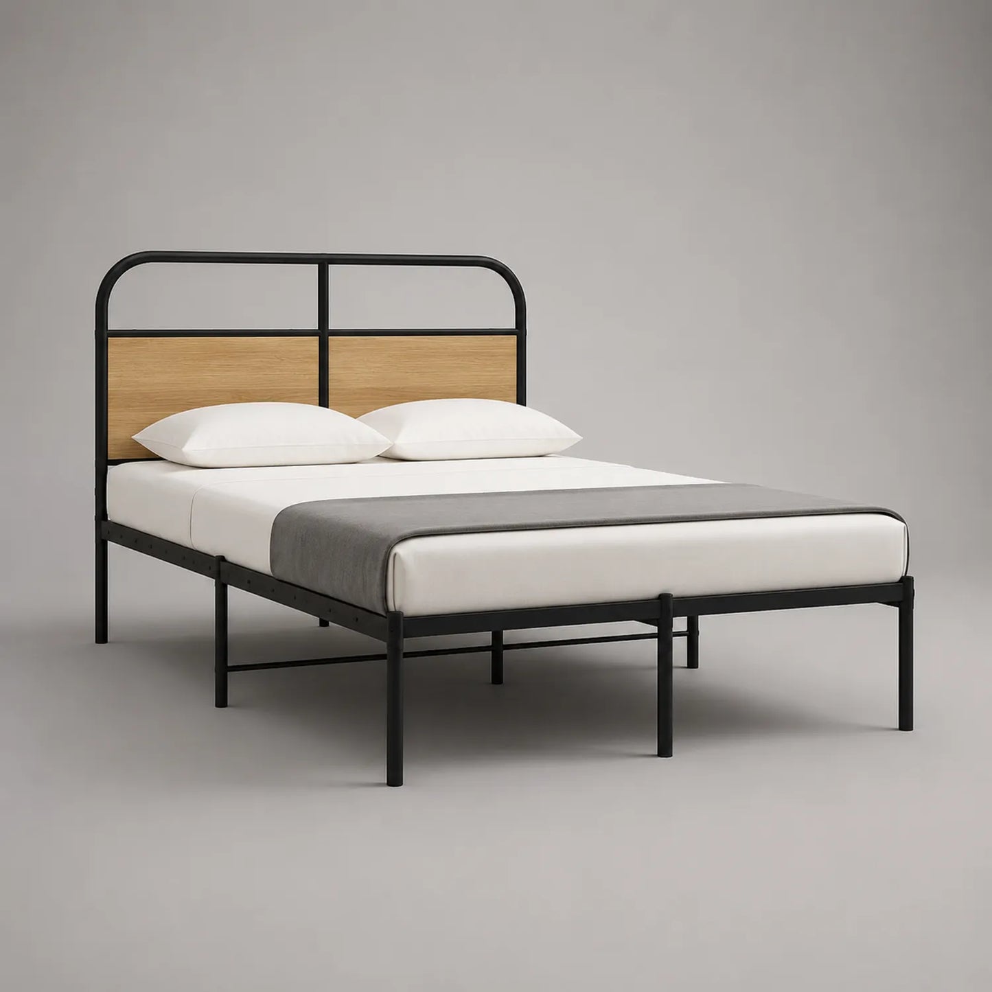Metallbett mit Eichenholz-Kopfteil 200x160 cm Schwarz Natur