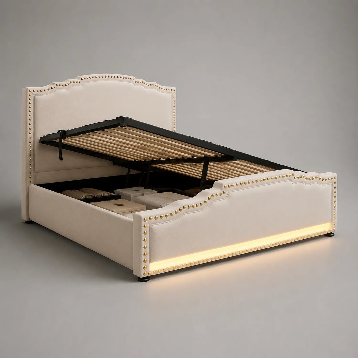 Polsterbett mit Stauraum und LED-Beleuchtung Beige 200x160 cm