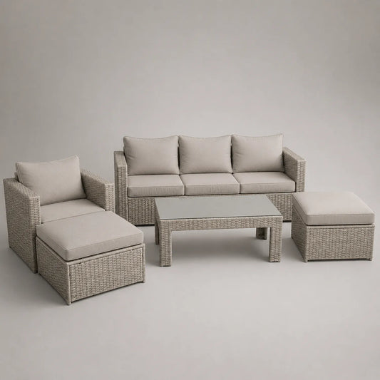 Polyrattan Gartenmöbel Set mit 3-Sitzer Sofa, Sessel, Hocker und Tisch