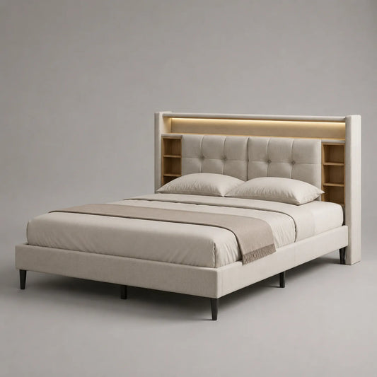 Beigefarbenes Stoffbett mit Kopfteilregalen und Beleuchtung 200x160 cm