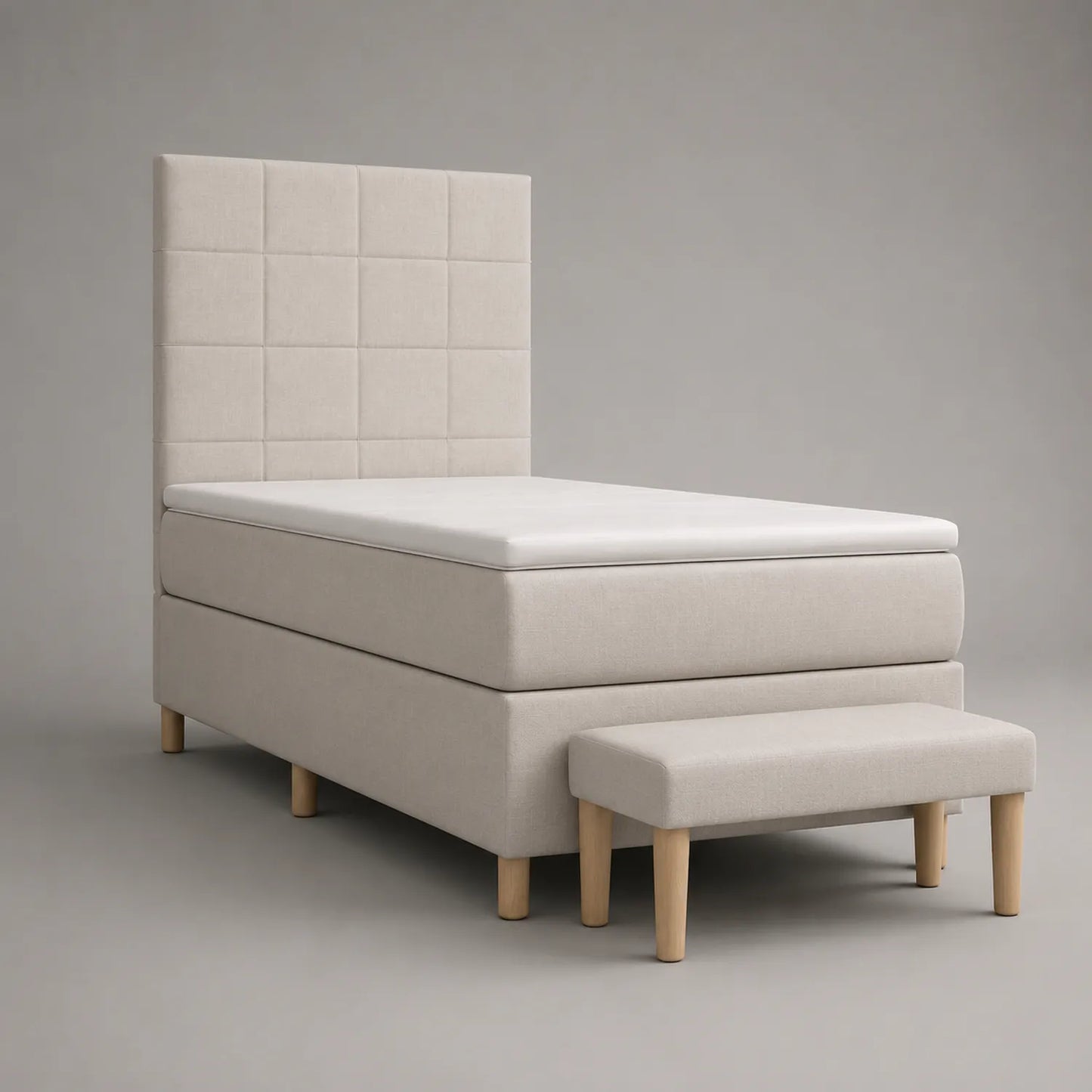 Einzelbett mit Kopfteil und Fußschemel Stoff Holz Beige 200x100 cm