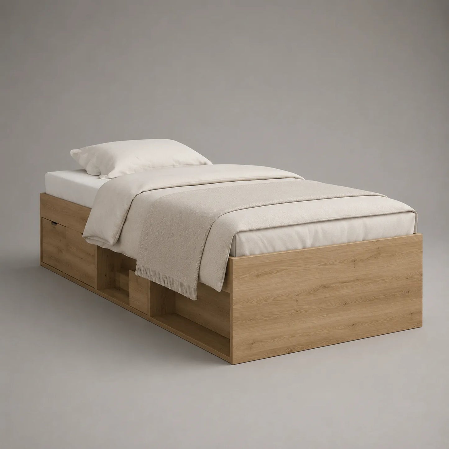 Einzelbett aus Holz mit Matratze und Kopfkissen