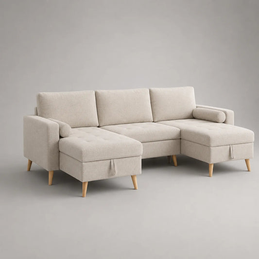 Ecksofa aus Polyester mit Holzbeinen in Beige