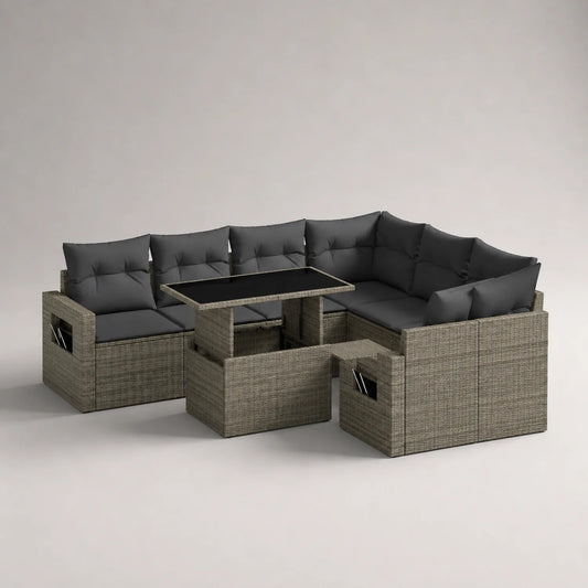 Ecksofa-Set mit Tisch Glasplatte Polyrattan Dunkelgrau