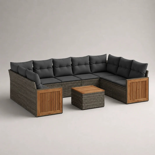 Rattan Ecksofa Anthrazit mit Akazienholz Tisch