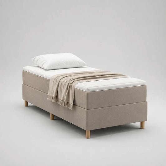 Einzelbett 90x200 cm mit Holzfüßen und Stoffbezug Beige