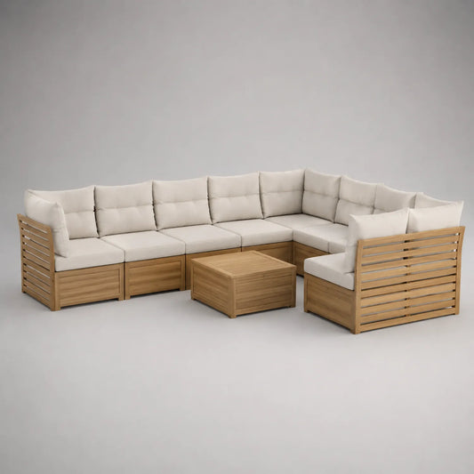 Holz-Ecksofa-Set mit Polyesterkissen, Beige, 7-teilig