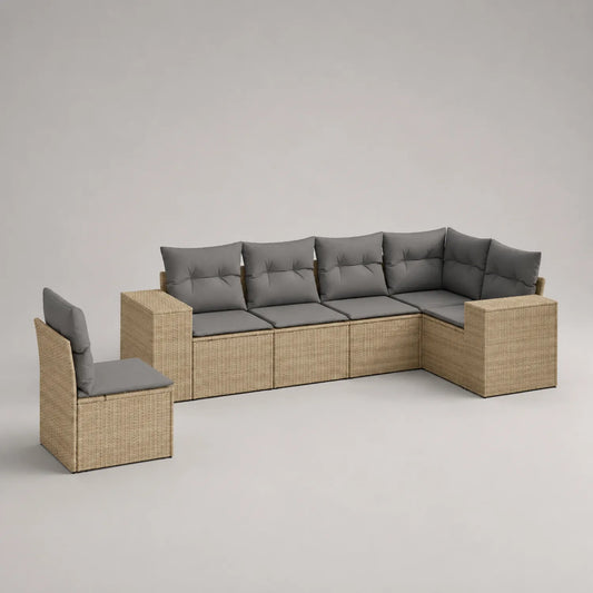 Eckmodulares Gartensofa-Set aus Rattan, Hellbraun und Grau mit Kissen